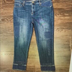 ❤️ CHICO'S EYELET PATCHWORK DOUBLE FRAY HIGH RISE GIRLFRIEND SLIM ANKLE JEANS 12